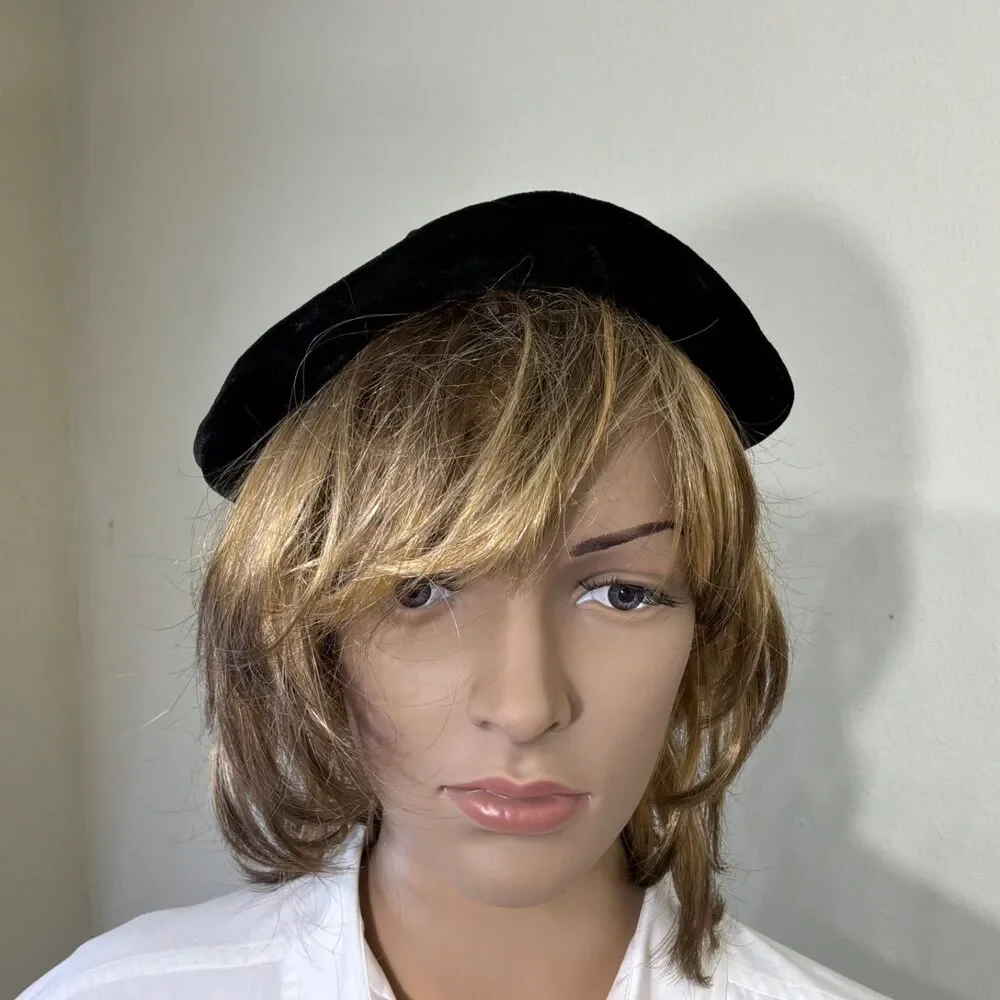 VINTAGE WOMEN'S OS VELOUR FASCINATOR HAT BLACK wired edges to mold to fit .